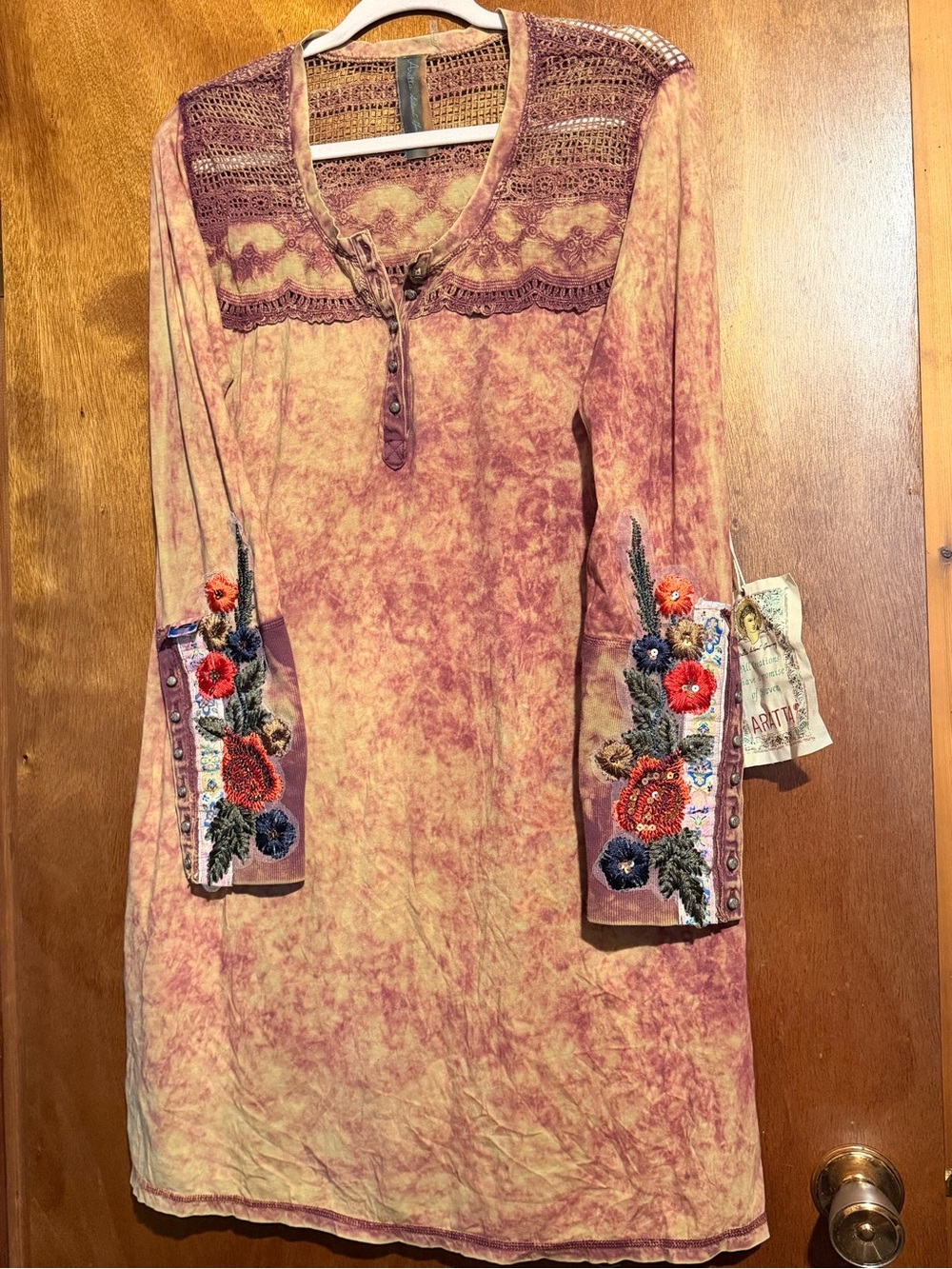 Aratta Long Sleeve Tie-Dye Dress with Floral Embroidery - Pink, Brown